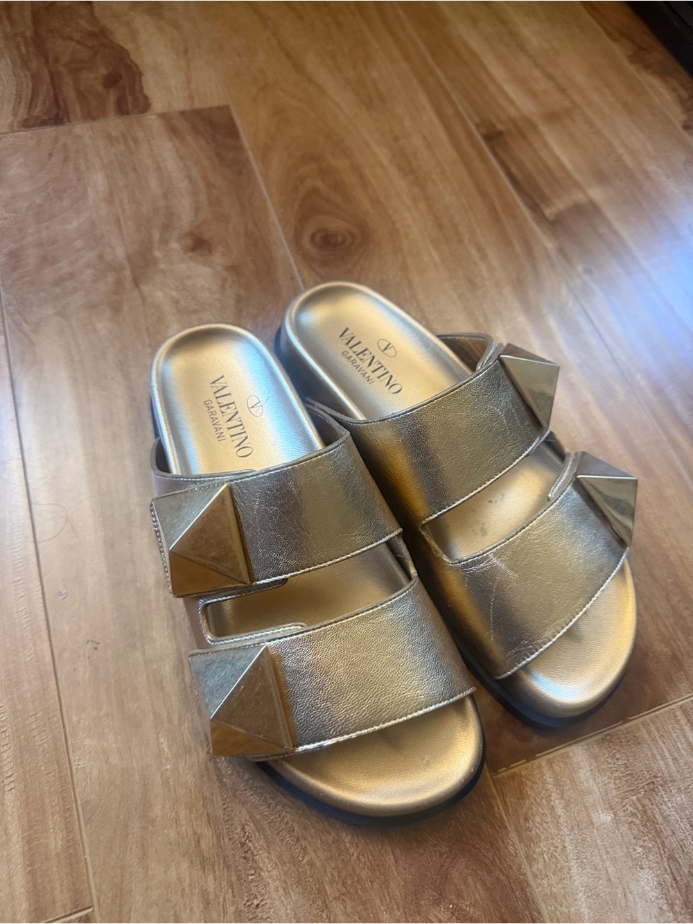 Valentino Metallic Gold Pyramid-Stud Double-Strap Slide Sandals
